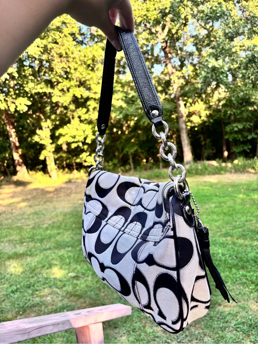 Coach Black and White Signature Logo Shoulder Bag